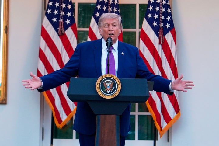 President Donald Trump speaks at a dinner for members of his administration and law enforcement organization leaders, during National Police Week, in the White House Rose Garden, on May 11, 2026, in Washington. Trump said the ceasefire is on "massive life support" and criticized Iran for its latest proposal, pointing to his demands that Iran significantly limit its nuclear program.