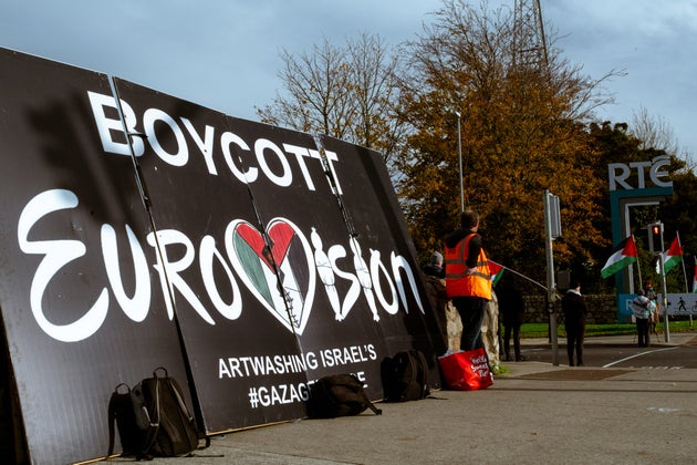 Protesters in Ireland last year, prior to RTÉ's announcement the country would not be taking part in the 2026 Eurovision Song Contest