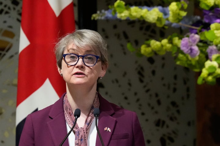Britain's Foreign Secretary Yvette Cooper speaks during a news conference with Japan's Foreign Minister Toshimitsu Motegi, after their talk in Monday, April 20, 2026, in Tokyo.