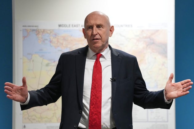 Britain's Defence Secretary John Healey speaks during the joint multinational Strait of Hormuz planning conference at Permanent Joint Headquarters in Northwood, London, Thursday, April 23, 2026.(AP Photo/Alastair Grant, Pool)