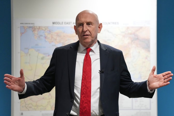 Britain's Defence Secretary John Healey speaks during the joint multinational Strait of Hormuz planning conference at Permanent Joint Headquarters in Northwood, London, Thursday, April 23, 2026.(AP Photo/Alastair Grant, Pool)