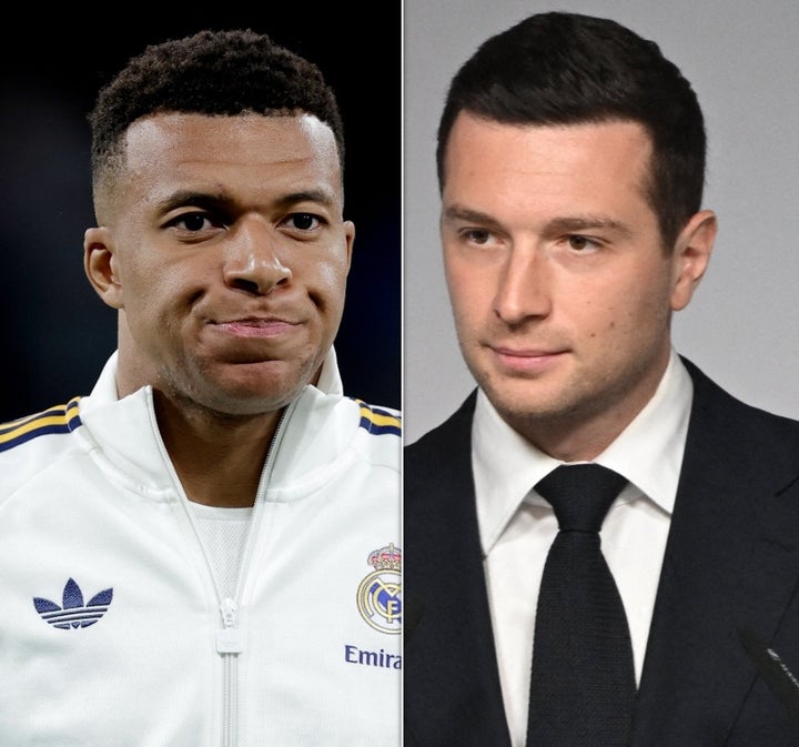 Just three years separate Real Madrid forward Kylian Mbappe, 27, left, and RN party chairman Jordan Bardella, 30, right -- but politically they are poles apart.