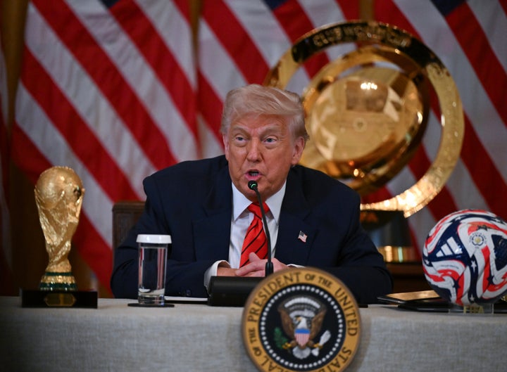 FILE — U.S. President Donald Trump participates in a FIFA Task Force meeting at the White House in May 2025.