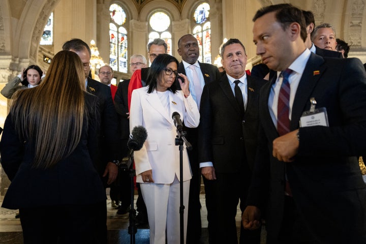 Venezuela's acting president Delcy Rodriguez (C) looks on as she speaks with journalists following a session at the International Court of Justice (ICJ) regarding the Essequibo region in the Hague on may 11, 2026. (Photo by Bart Maat / ANP / AFP via Getty Images) / Netherlands OUT