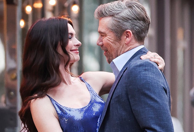 Anne Hathaway and Patrick Brammall pictured on the set of The Devil Wears Prada 2