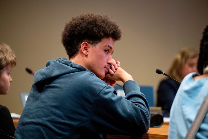 Joaquin Imaizumi, 17, listens during a Lower Merion Board of School Directors meeting at the Lower Merion School District Administration Building on Monday, May 11, 2026, in Ardmore, Pennsylvania.