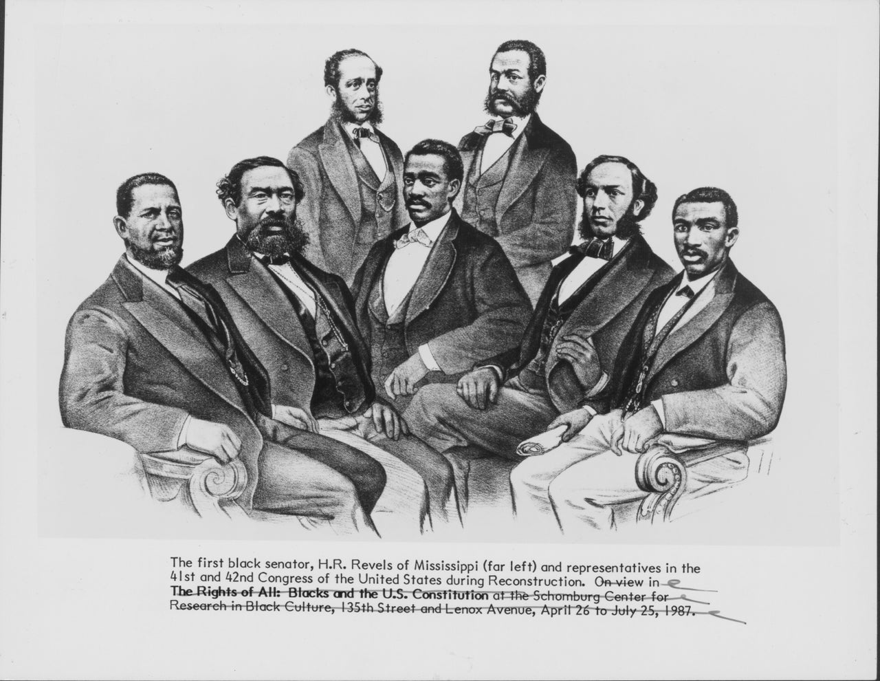 Sketched group portrait of the first Black senator, Hiram Revels of Mississippi and Black representatives of the U.S. Congress during the Reconstruction Era following the American Civil War, circa 1870-1875.