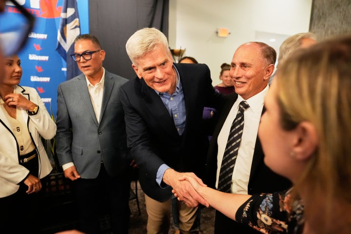 U.S. Sen. Bill Cassidy, R-La., greets supporters at a campaign stop at Drago's Restaurant Tuesday, May 5, 2026, in Metairie, La. (AP Photo/Gerald Herbert)