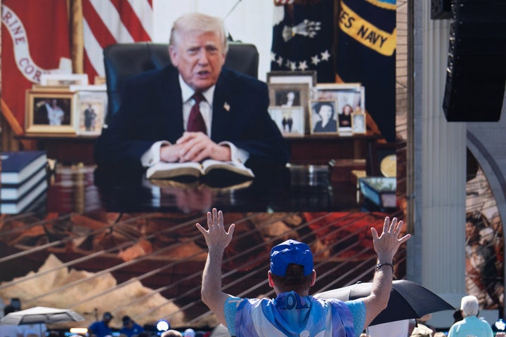President Donald Trump read a passage of Scripture in a video shown at the rally. It was the same footage used during a marathon Bible-reading event last month.