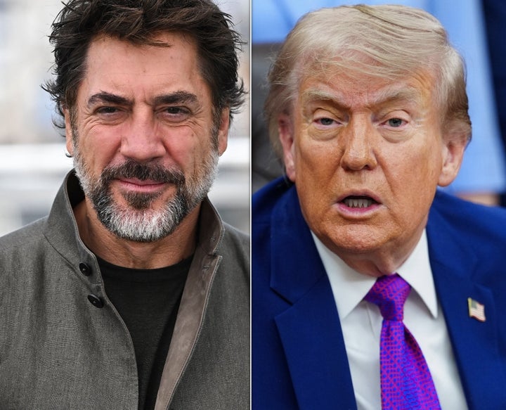 Spanish actor Javier Bardem (left) slammed Donald Trump (right) during a press conference at the Cannes Film Festival.