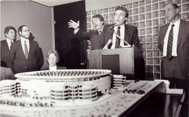 Trump at the announcement of a proposed new arena for the Willets Point area in Queens in 1985.