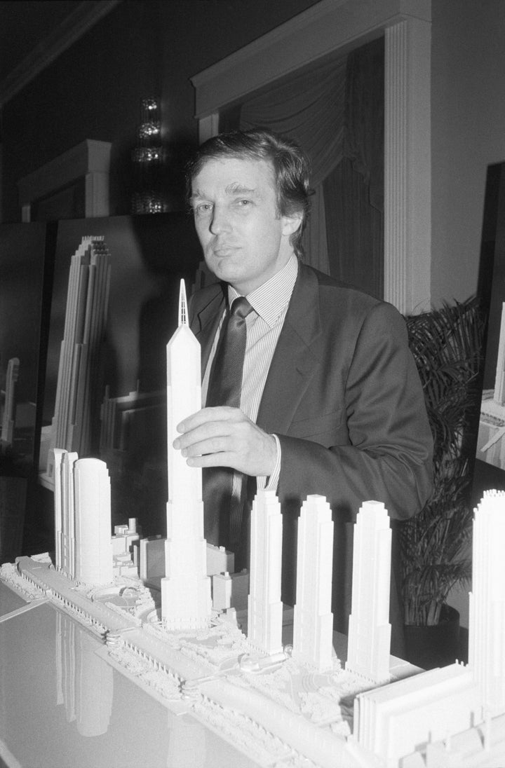 Trump stands with a model of "Television City" in 1985. This called for the development of a huge television and film production complex in New York.