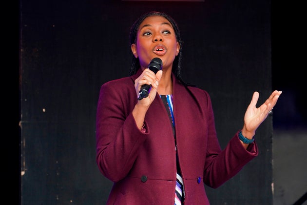 Britain's leader of the Conservative Party, Kemi Badenoch, speaks during a protest against antisemitism and extremism, in London on May 10.