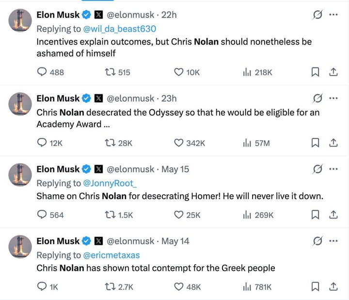 Elon Musk has been harping about Christopher Nolan’s casting choices for “The Odyssey,” which comes out in July, since January. This past week, he really went all in.