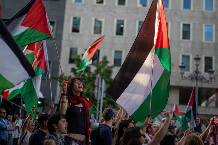 Demonstrators in Spain gather for a second day in the center of Madrid to protest the interception and detention of ships belonging to the Global Sumud Flotilla, on May 19, 2026. The Israeli army continues to intercept ships from the flotilla that are heading to Gaza with humanitarian aid from various countries.