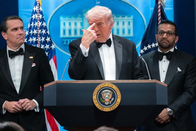 President Donald Trump gestures as he speaks in the James Brady Press Briefing Room at the White House after a shooting incident outside the ballroom at at the annual White House Correspondents' Association dinner in Washington, Saturday, April 25, 2026, 