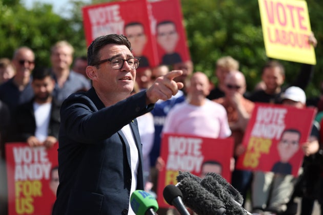 Labour Party candidate Andy Burnham speaks during his campaign launch for the Makerfield By-election at Stubshaw Cross Community and Sports Club on May 22, 2026 in Ashton-in-Makerfield, England.