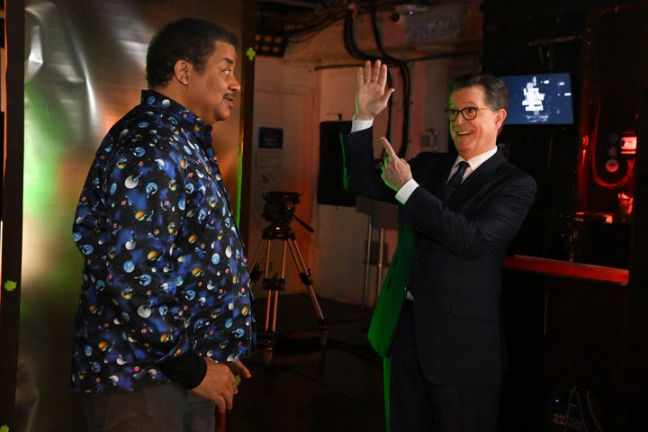 Neil deGrasse Tyson and Colbert during the "Late Show" series finale on CBS.
