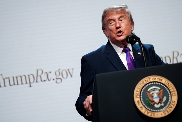 President Donald Trump speaks about prescription drug prices in the South Court Auditorium of the Eisenhower Executive Office Building, Monday, May 18, 2026, on the White House campus in Washington. (AP Photo/Julia Demaree Nikhinson)