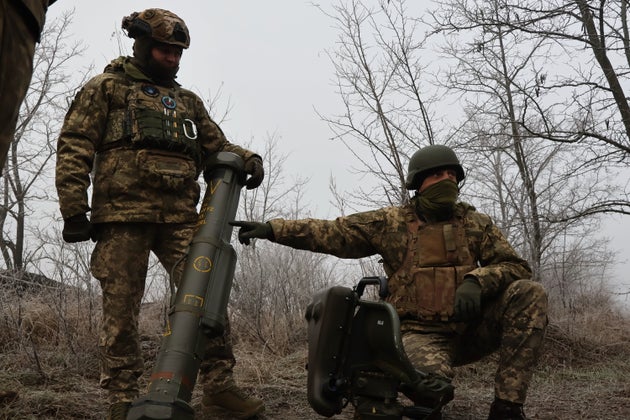 Ukrainian soldiers prepare a MILAN, a Franco-German anti-tank missile system, during a drill close to the frontline on the site of heavy battles with the Russian troops in the Zaporizhzhia region.