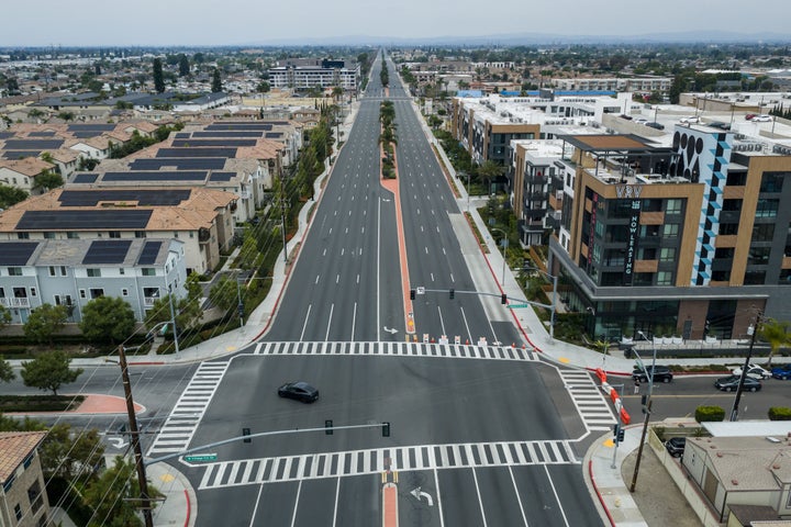 The streets remain empty in Garden Grove, Calif., on Sunday, May 24, 2026, after a storage tank containing a chemical used to make plastic parts overheated Thursday at an aerospace plastics facility. (AP Photo/Ethan Swope)