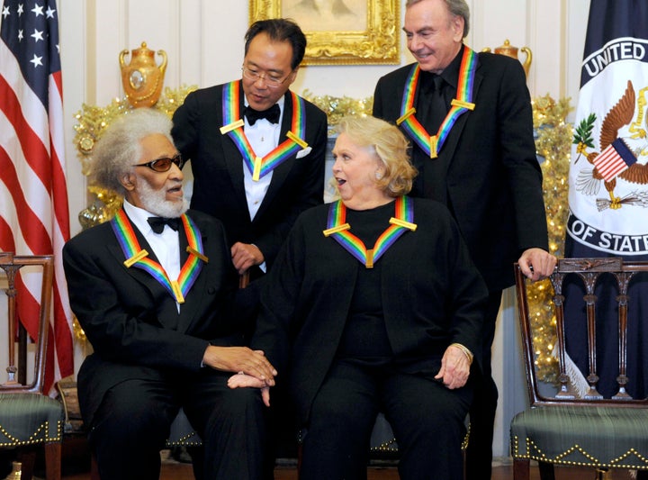 Kennedy Center honorees, from left, Sonny Rollins, Yo-Yo Ma, Barbara Cook and Neil Diamond chat following a dinner and reception at the State Department in 2011.