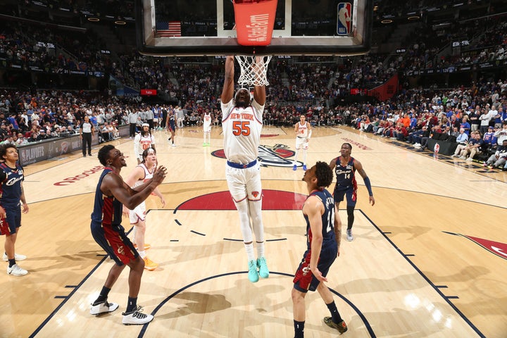 Ariel Hukporti #55 of the New York Knicks dunks the ball during the game against the Cleveland Cavaliers during Game Four of the 2026 Eastern Conference (Photo by Nathaniel S. Butler/NBAE via Getty Images)