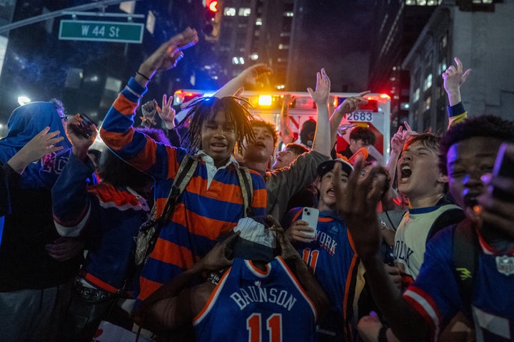 Knicks fans celebrate winning the eastern conference championship against the Cleveland Cavaliers on May 25, 2026 in New York City. (Photo by David Dee Delgado/Getty Images)