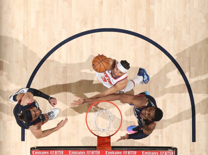 osh Hart #3 of the New York Knicks drives to the basket during the game against the Cleveland Cavaliers during Game Four of the 2026 Eastern Conference Finals on May 25, 2026 at Rocket Arena in Cleveland, Ohio. (Photo by Nathaniel S. Butler/NBAE via Getty Images)