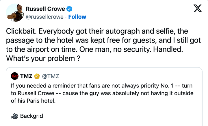 Una captura de pantalla de la respuesta de Russell Crowe en X a TMZ el 26 de mayo de 2026.