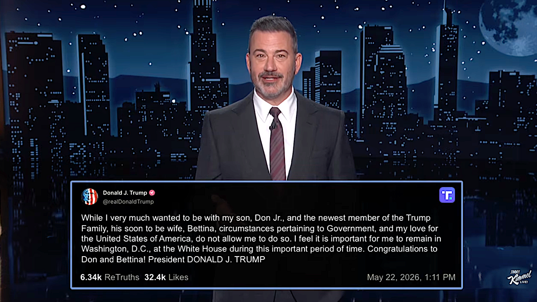 Jimmy Kimmel Gives Jaw-Dropping Theory Why Trump Didn't Attend Don Jr's Wedding