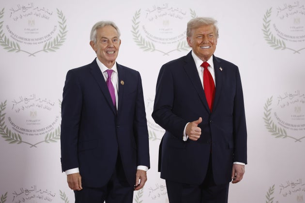 President Donald Trump and British former prime minister Tony Blair pose at the Gaza Peace Summit in Sharm el-Sheikh, Egypt, Monday, Oct.13 2025.