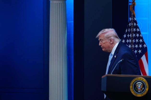 President Donald Trump departs after speaking with reporters during a news conference in the James Brady Press Briefing Room at the White House, Monday, April 6, 2026, in Washington. 