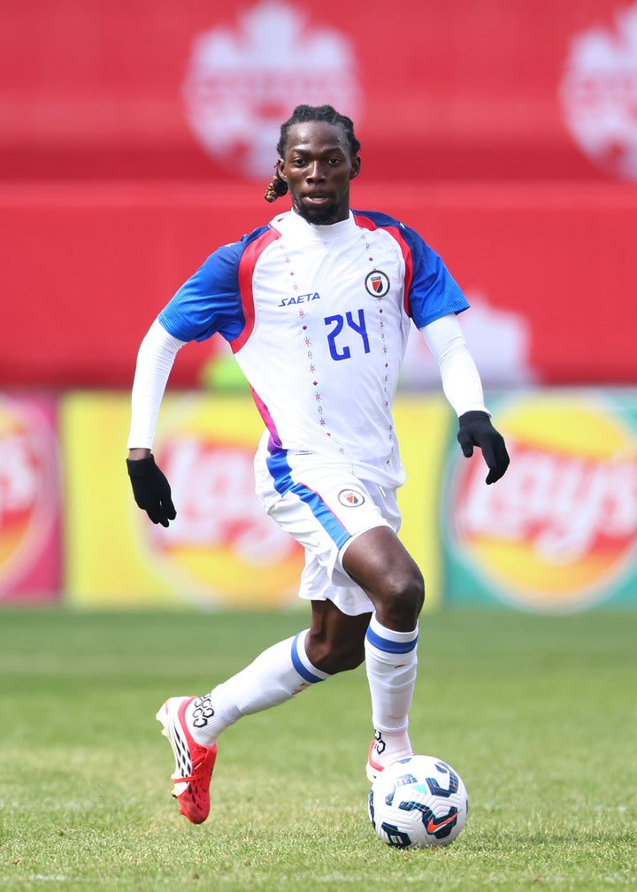 Woodensky Pierre of Haiti dribbles the ball during an international friendly against Iceland earlier this year in Toronto, Canada.