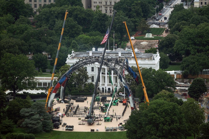  Construction continues for the upcoming UFC match on the South Lawn of the White House on May 26, 2026 in Washington, DC. President Donald Trump is hosting a UFC match on the White House grounds in honor of the 250th anniversary of the United States. 