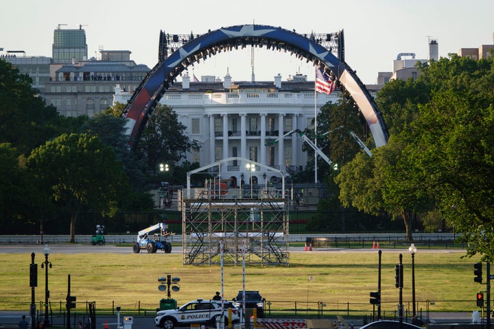 Construction continues on the South Lawn of the White House for an upcoming UFC match on May 28 in Washington, D.C.