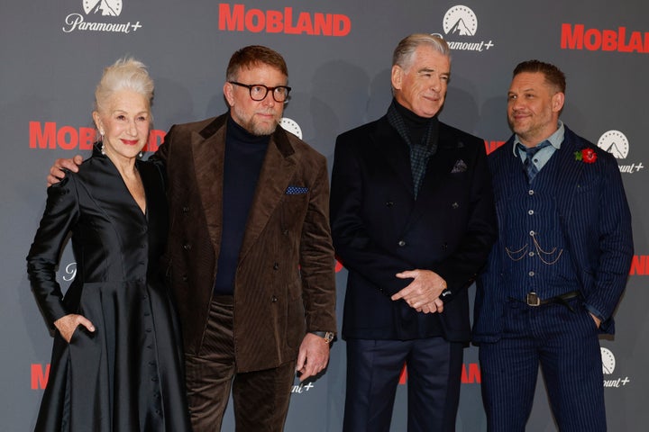 Helen Mirren, Guy Ritchie, Pierce Brosnan and Tom Hardy at the premiere of MobLand last year