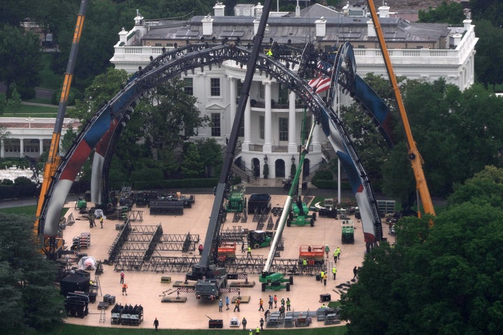An aerial view captured Tuesday of construction on the arena for the White House UFC fight.