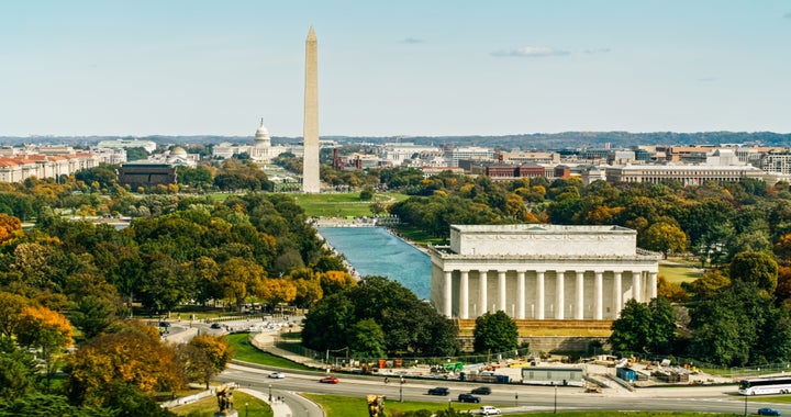 Helicopter shot of the National Mall in Washington, D.C., in 2024.
