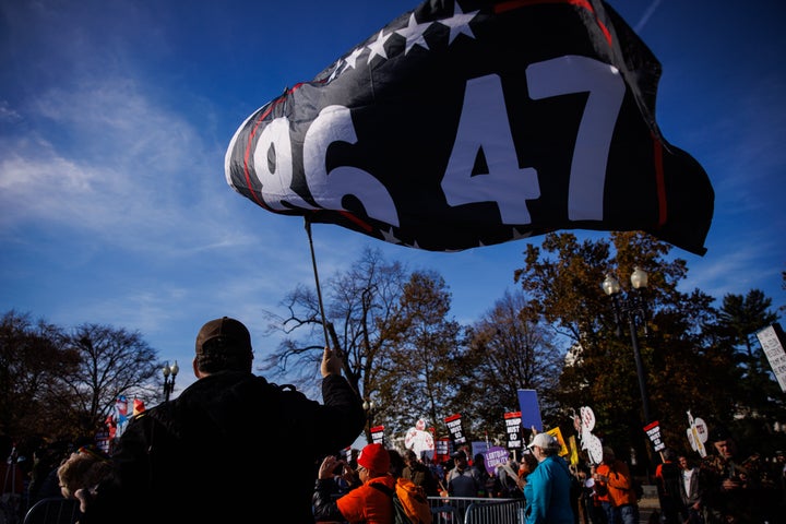 A protester waves a similar flag in November outside the U.S. Supreme Court in Washington.