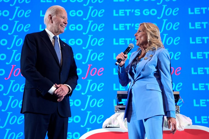 Then-President Joe Biden and first lady Jill Biden speak at a presidential debate watch party June 27, 2024, in Atlanta. 