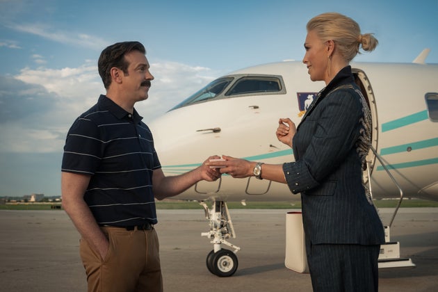 Jason Sudeikis and Hannah Waddingham on the set of Ted Lasso season four