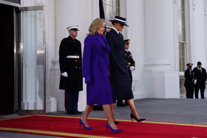 Jill Biden (left) and Melania Trump (right) depart from the North Portico of the White House ahead of Donald Trump's swearing-in ceremony inside the U.S. Capitol on Jan. 20, 2025.