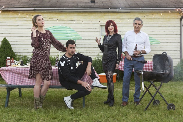 Annie Murphy, Dan Levy, Catherine O'Hara and Eugene Levy on the set of Schitt's Creek