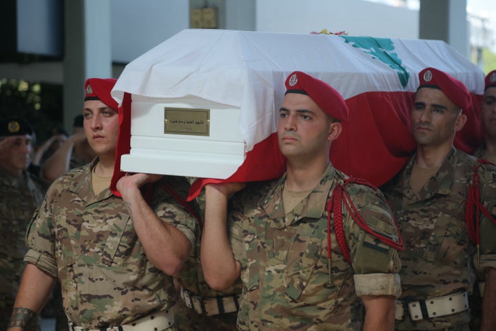 Lebanese soldiers carry the coffin of Brig. Gen. Wissam Sabra during his funeral in Beirut on June 7, 2026. An Israeli strike in southern Lebanon a day earlier killed three soldiers, including Sabra, as Beirut's military chief traveled to Pakistan to meet with a key mediator in efforts to end the regional war.