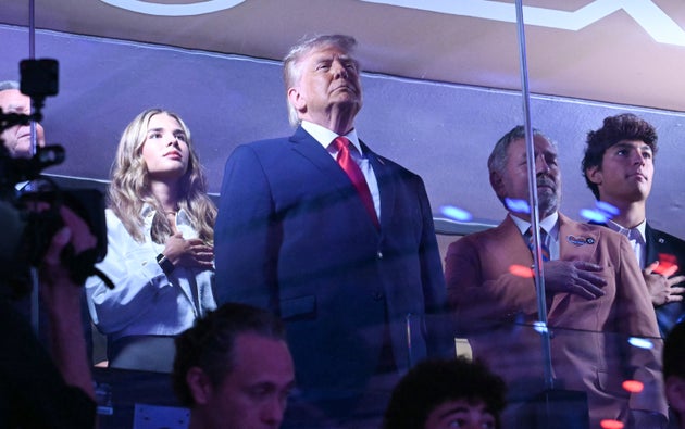 President Donald Trump attends Game 3 of the NBA Finals between the San Antonio Spurs and the New York Knicks at Madison Square Garden in New York on June 8, 2026. 