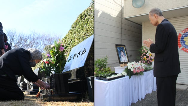 （左）墓に線香を手向ける世田谷一家4人殺害事件の遺族・宮沢節子さん（2023年12月30日、埼玉県新座市）、（右）小林順子さんが亡くなった現場跡地で手を合わせる父賢二さん（2024年9月9日、東京都葛飾区）