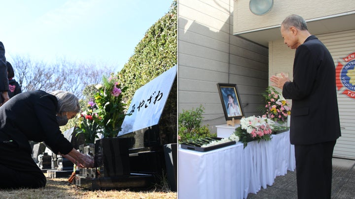 (左)墓に線香を手向ける世田谷一家4人殺害事件の遺族・宮沢節子さん(2023年12月30日、埼玉県新座市)、(右)小林順子さんが亡くなった現場跡地で手を合わせる父賢二さん(2024年9月9日、東京都葛飾区)