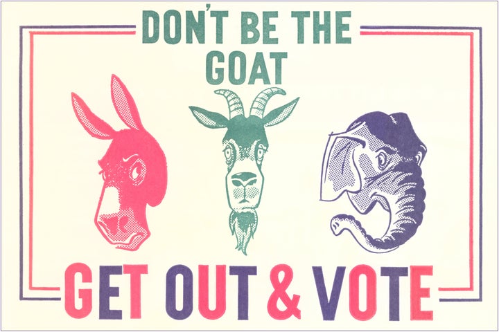 A vintage illustration of a donkey, goat, and elephant admonishing citizens to participate in voting in the 1960s.