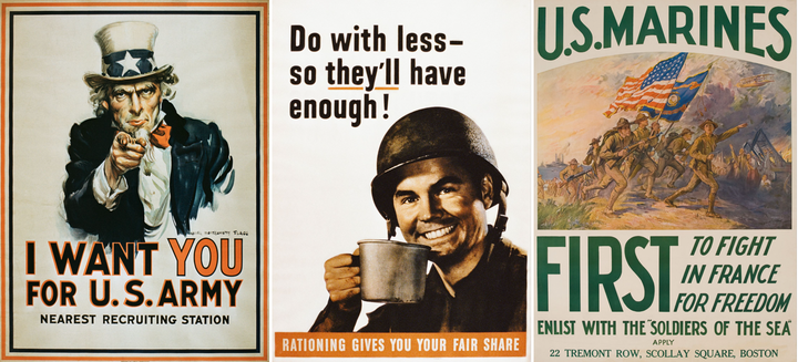 In the past, unity in the U.S. was particularly seen during times of war, when Americans fought alongside one another on the front lines, creating "a certain positive ethos,” said Manville. Vintage posters from the First and Second World Wars are seen.